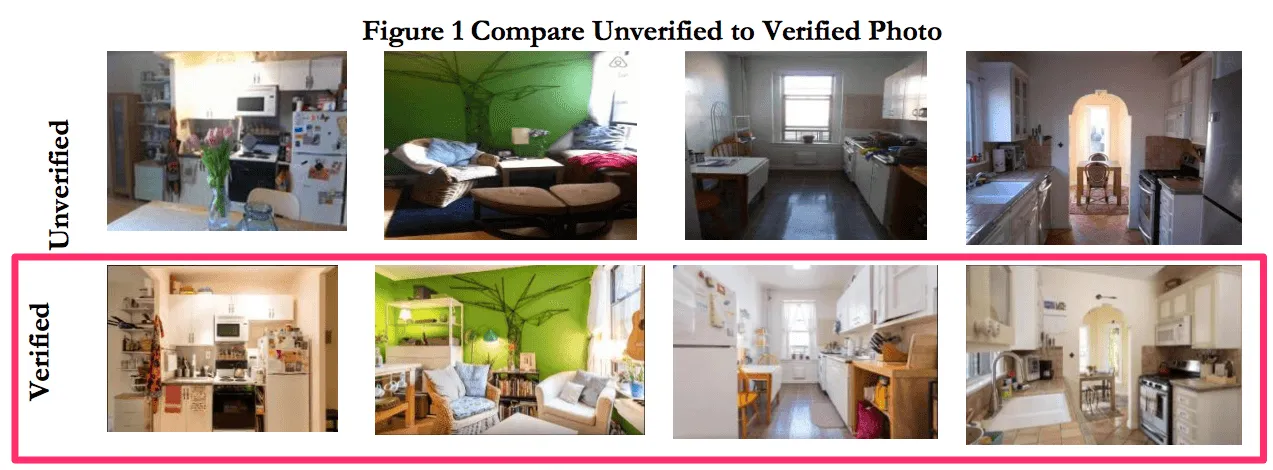 Side-by-side comparison of unverified and Airbnb verified photos of the same rooms, with verified versions brighter and better composed