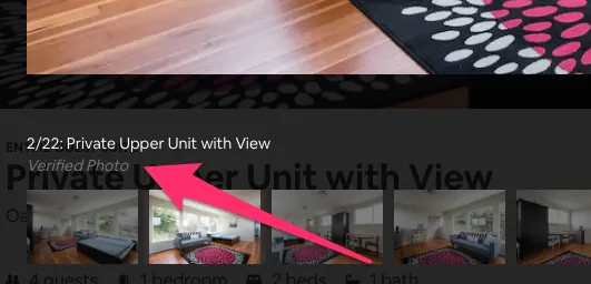 Airbnb photo gallery showing the Verified Photo label under a listing photo caption