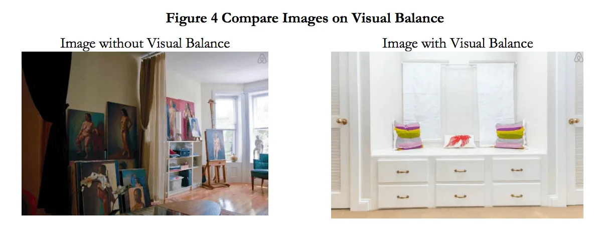 Comparison of a cluttered room without visual balance and a symmetric window seat with visual balance